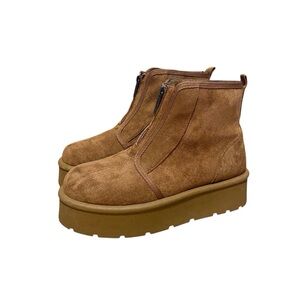 Rouge Helium Platform Zip Front Suede Camel Brown Ankle Boots